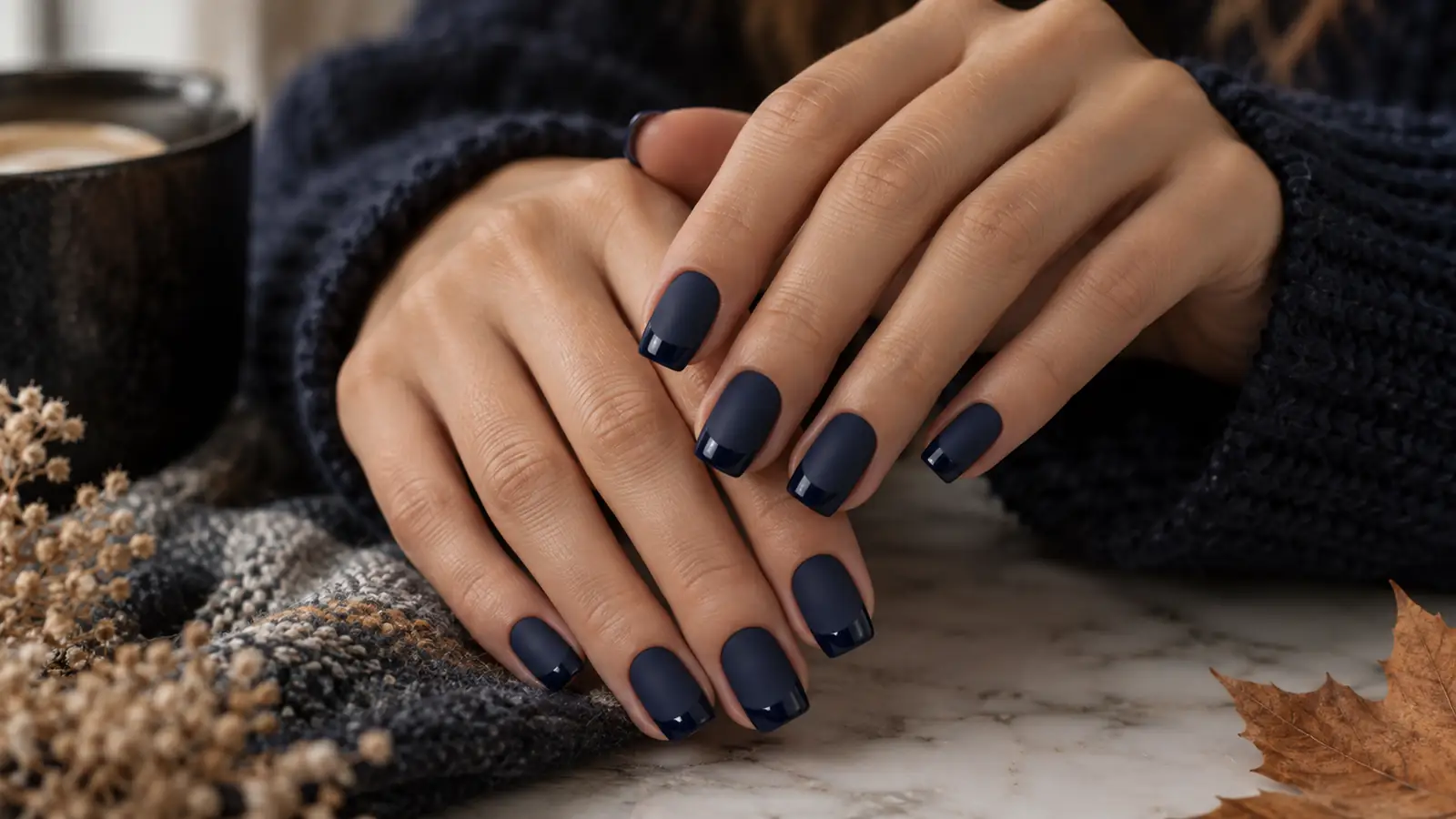 Matte midnight navy nails with matching glossy French tips