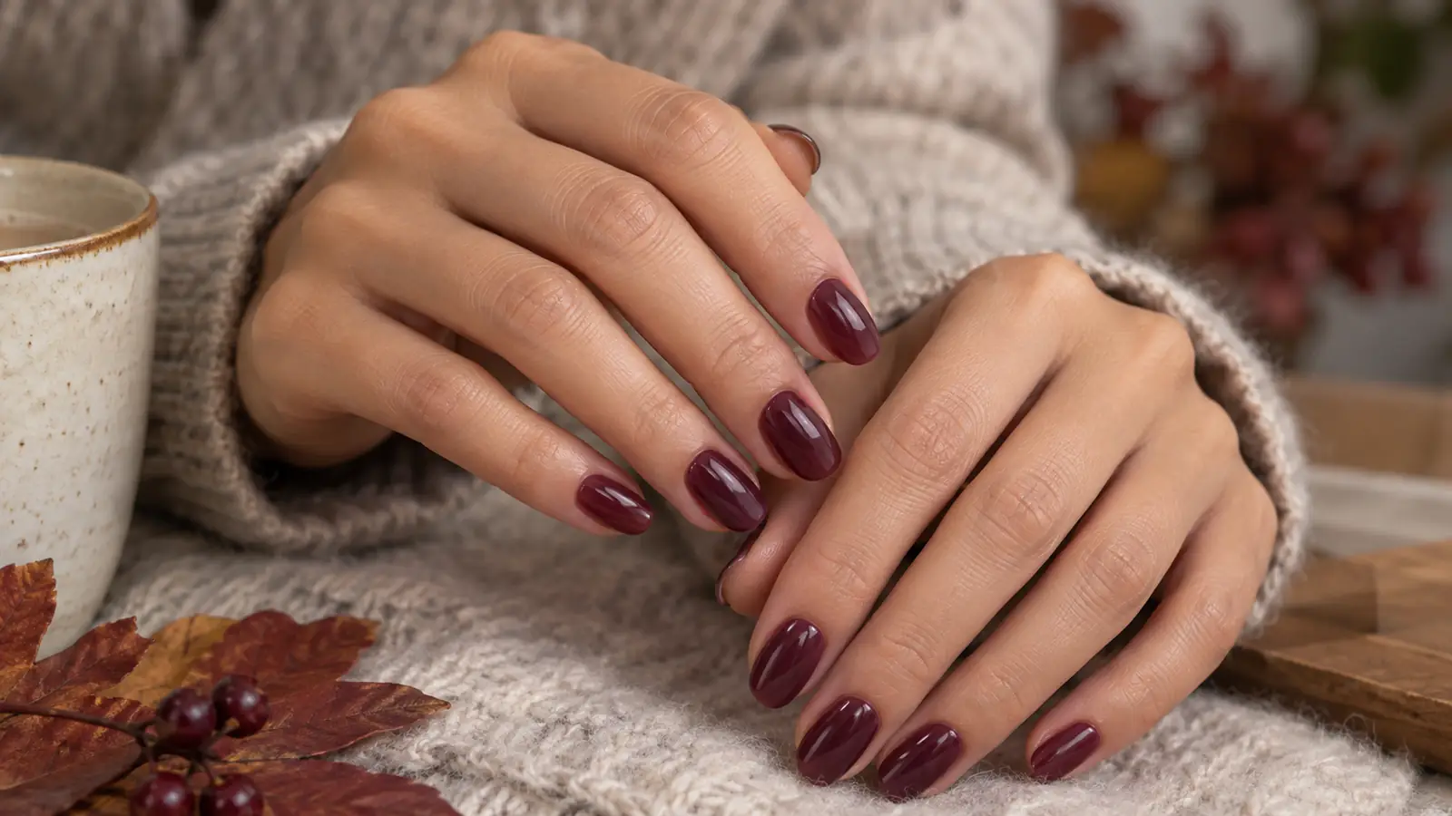 Glossy translucent plum jelly manicure on short almond nails