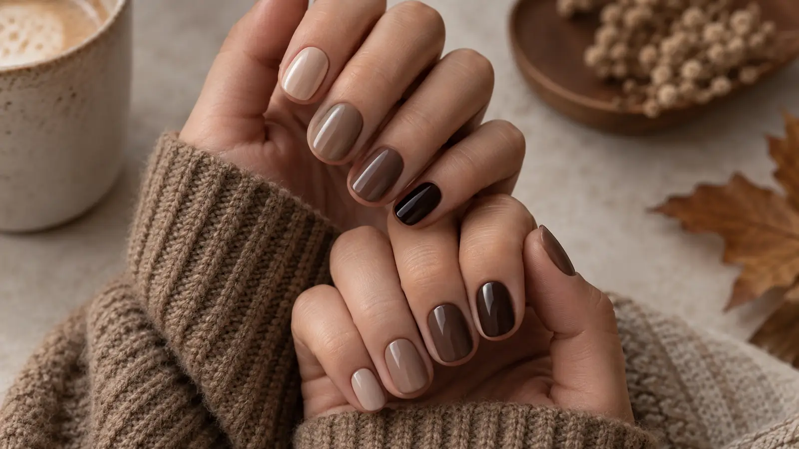 Tonal brown manicure fading from latte beige to deep espresso across the fingers