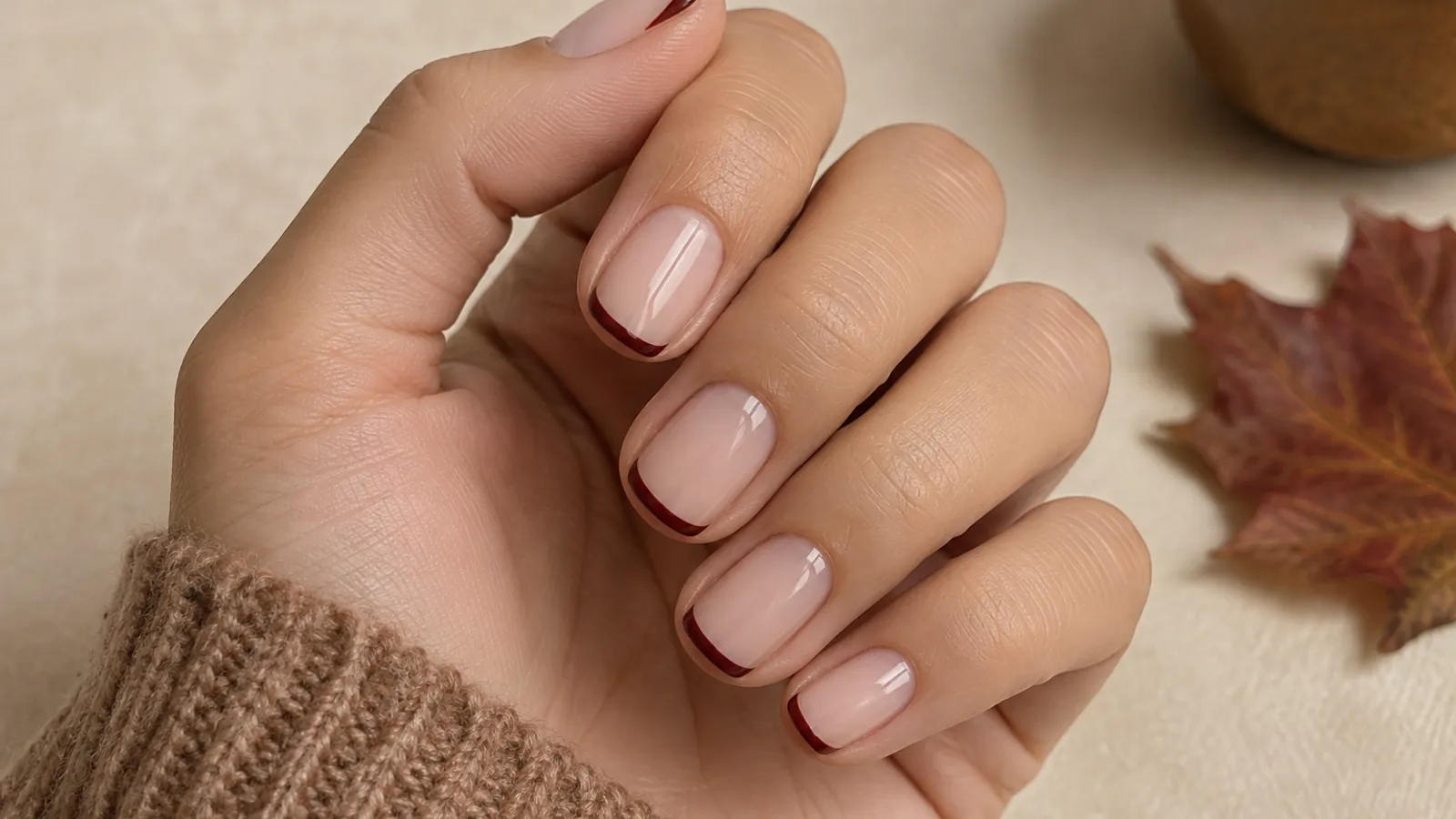 Short natural nails with deep cherry micro French tips