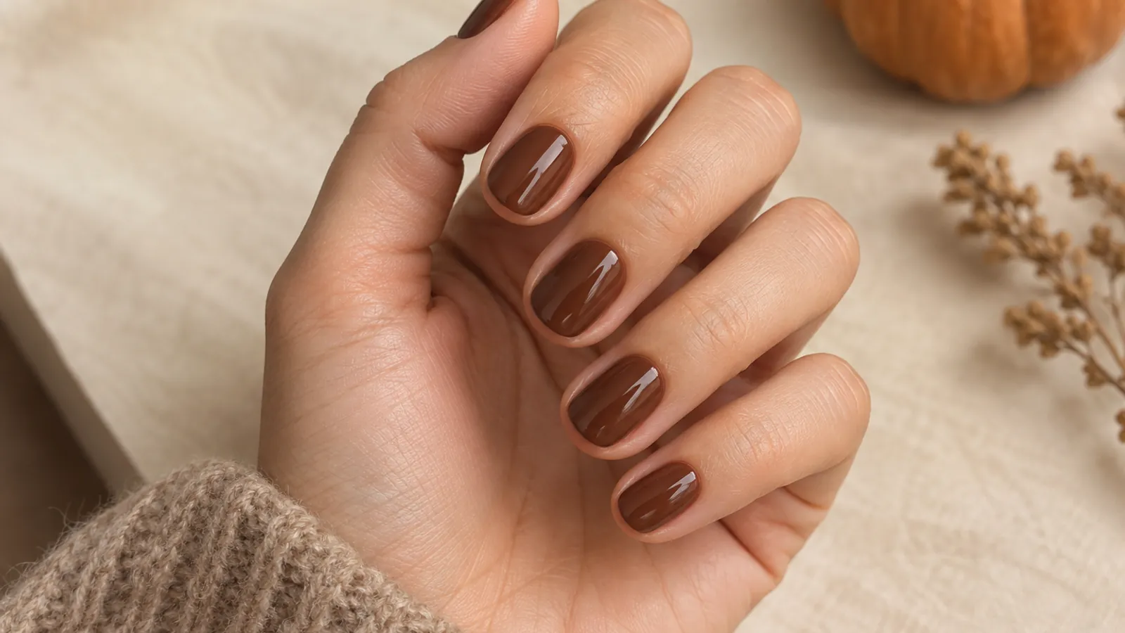 Short rounded nails painted translucent glossy chocolate brown