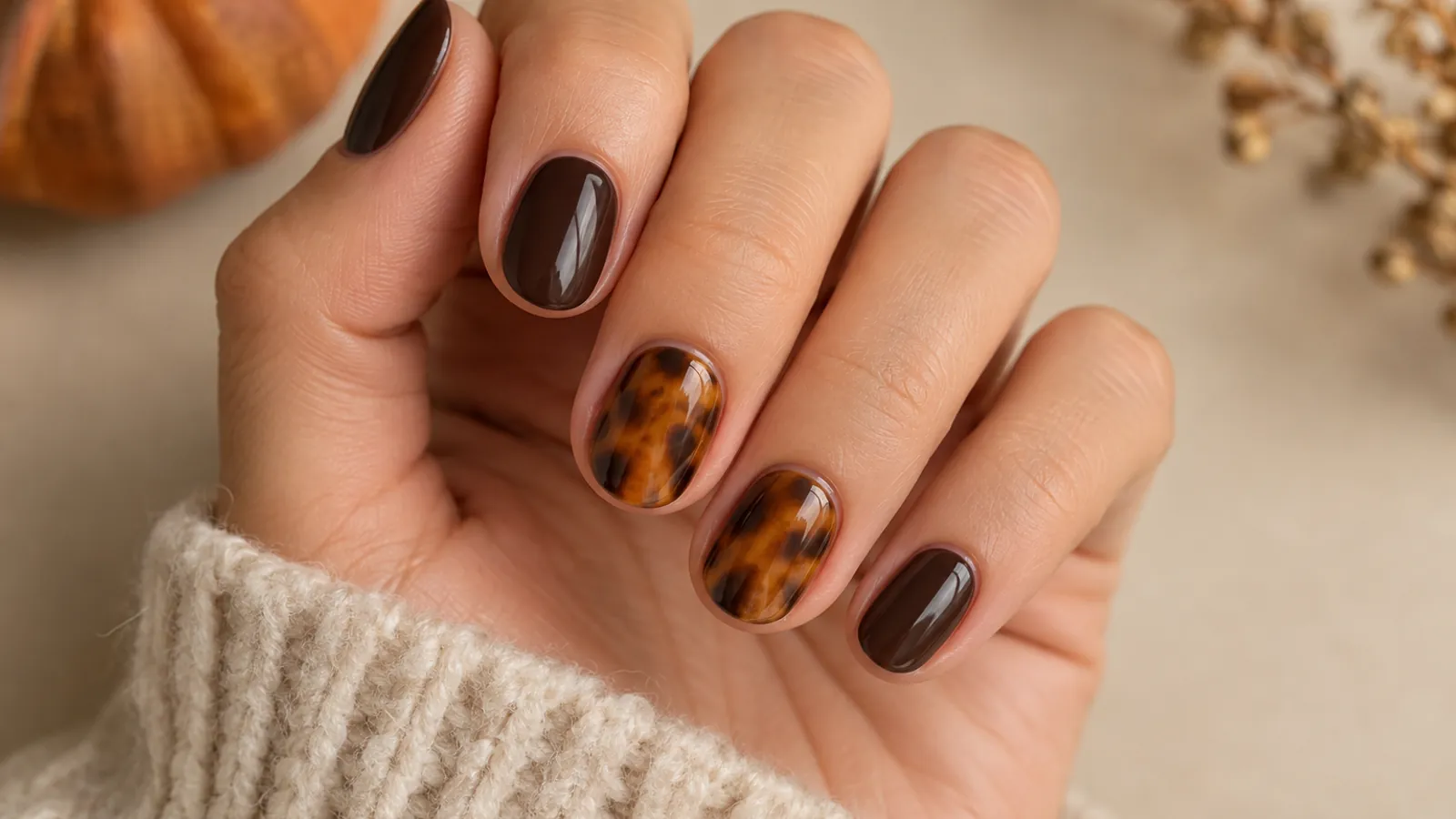 Short oval nails with tortoiseshell accents and espresso brown polish