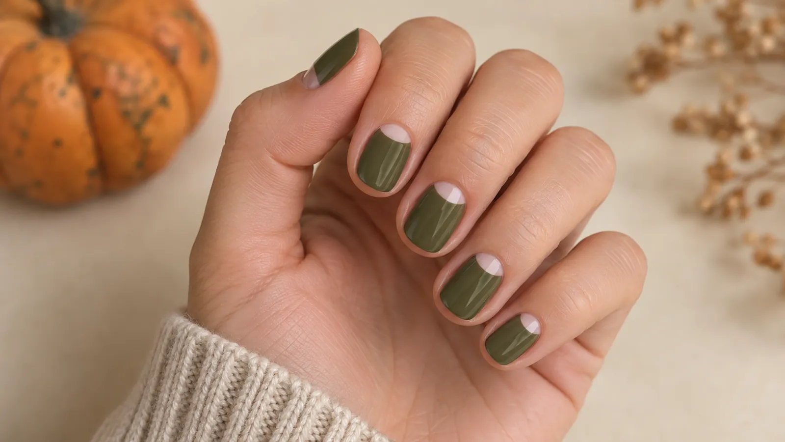 Short nails with olive polish and nude half-moons at the cuticle