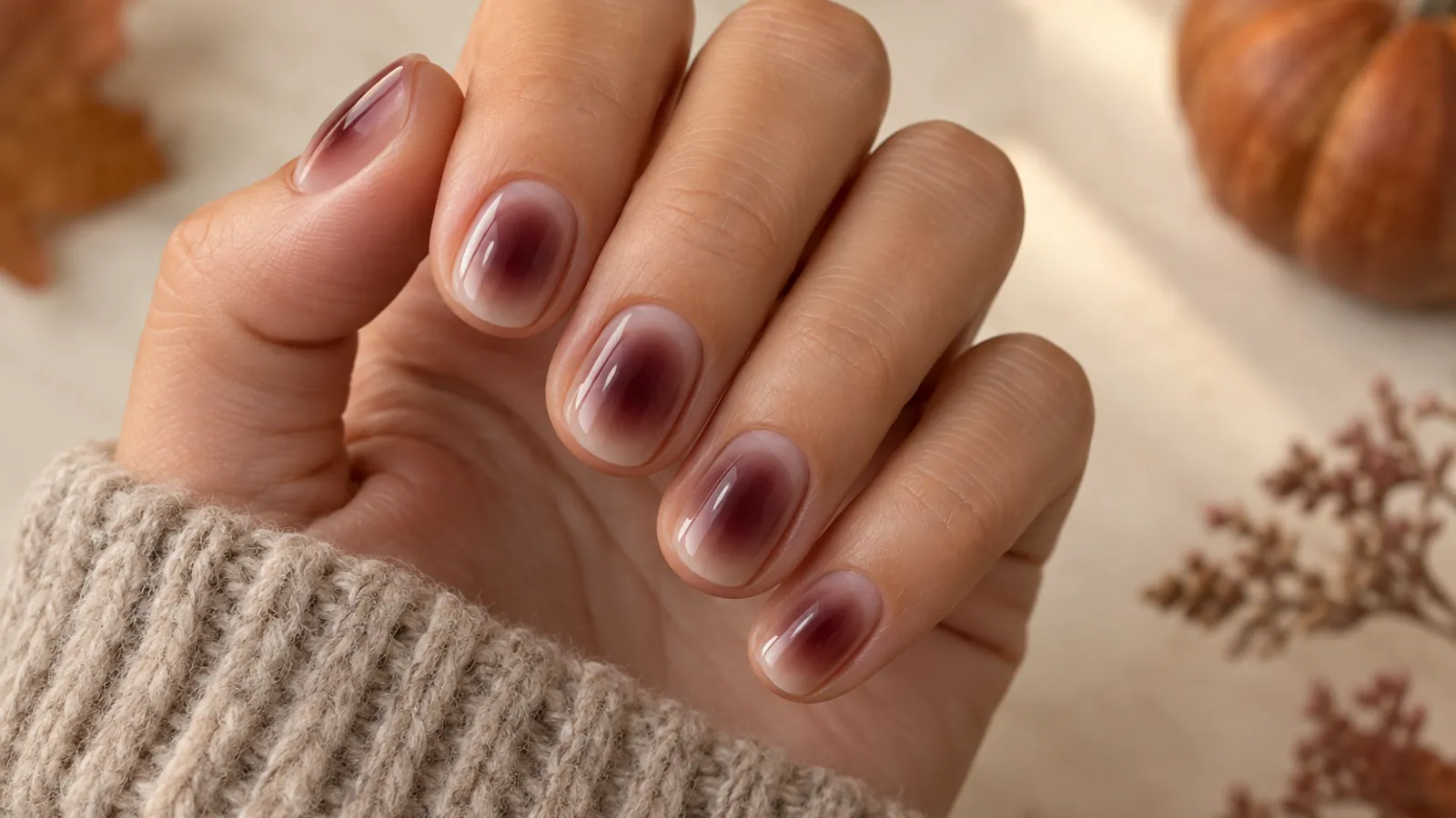 Short round nails with soft burgundy aura gradient