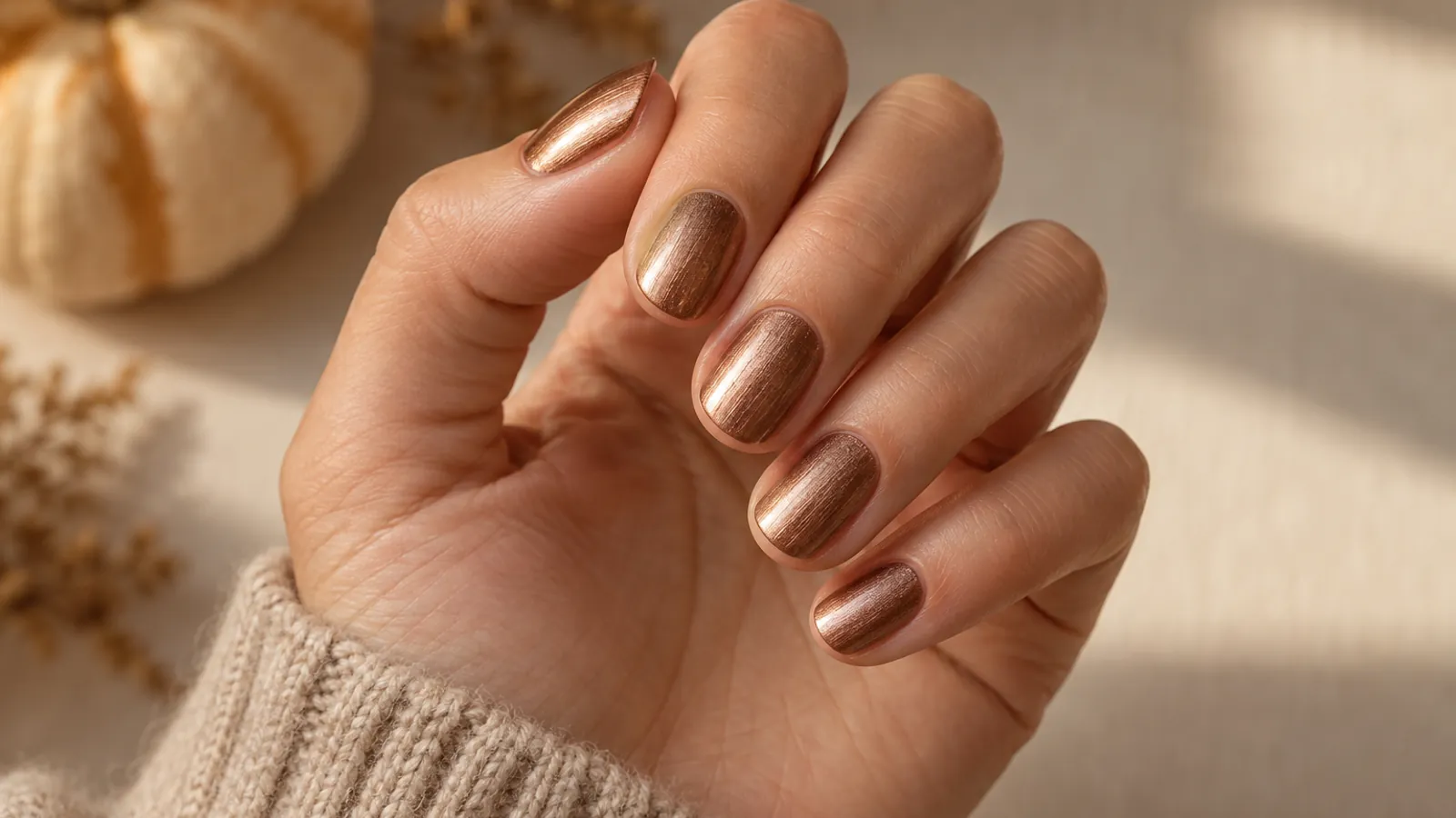 Short oval nails with brushed copper chrome finish