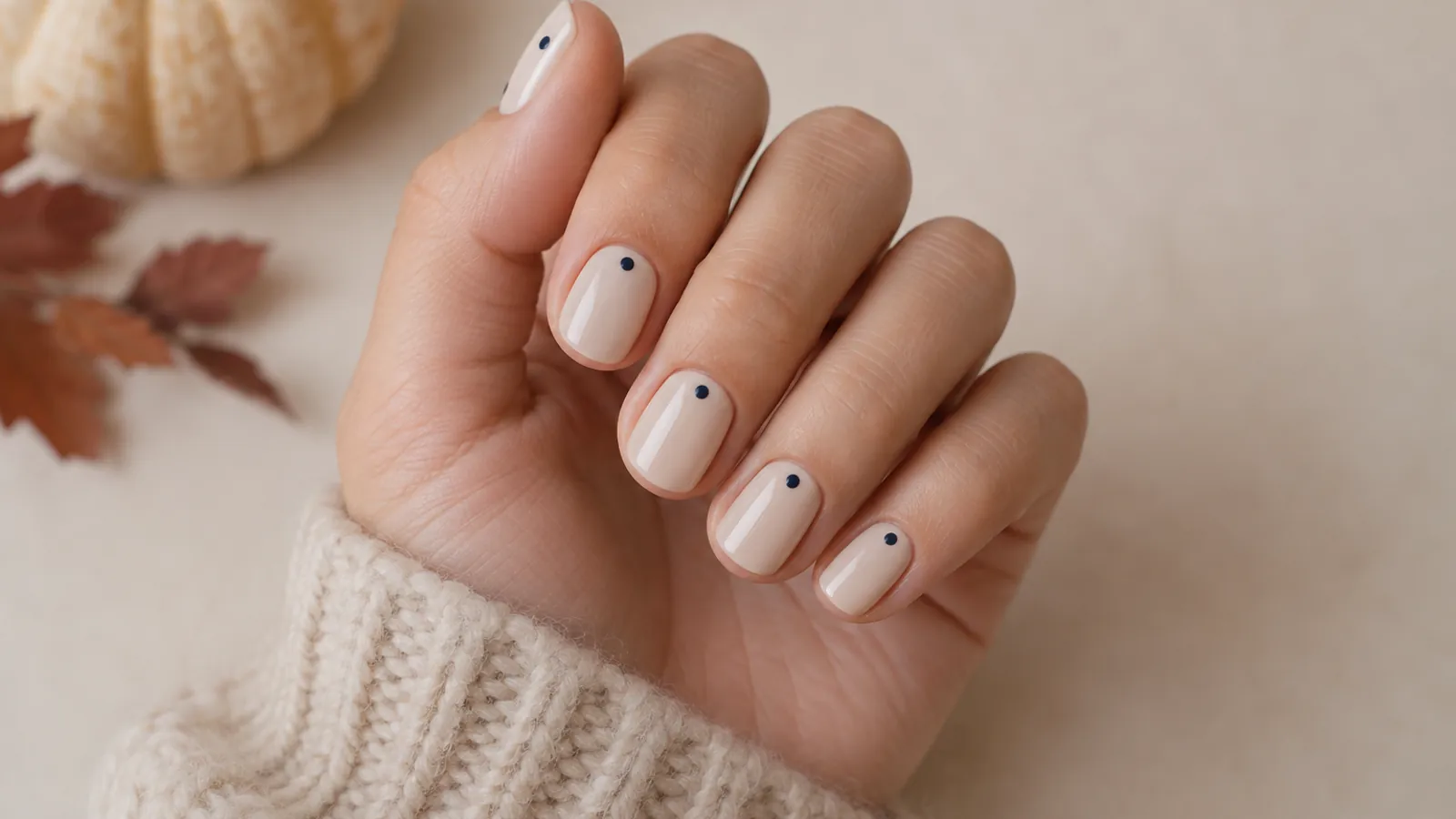 Short milky beige nails with one tiny navy dot near each cuticle