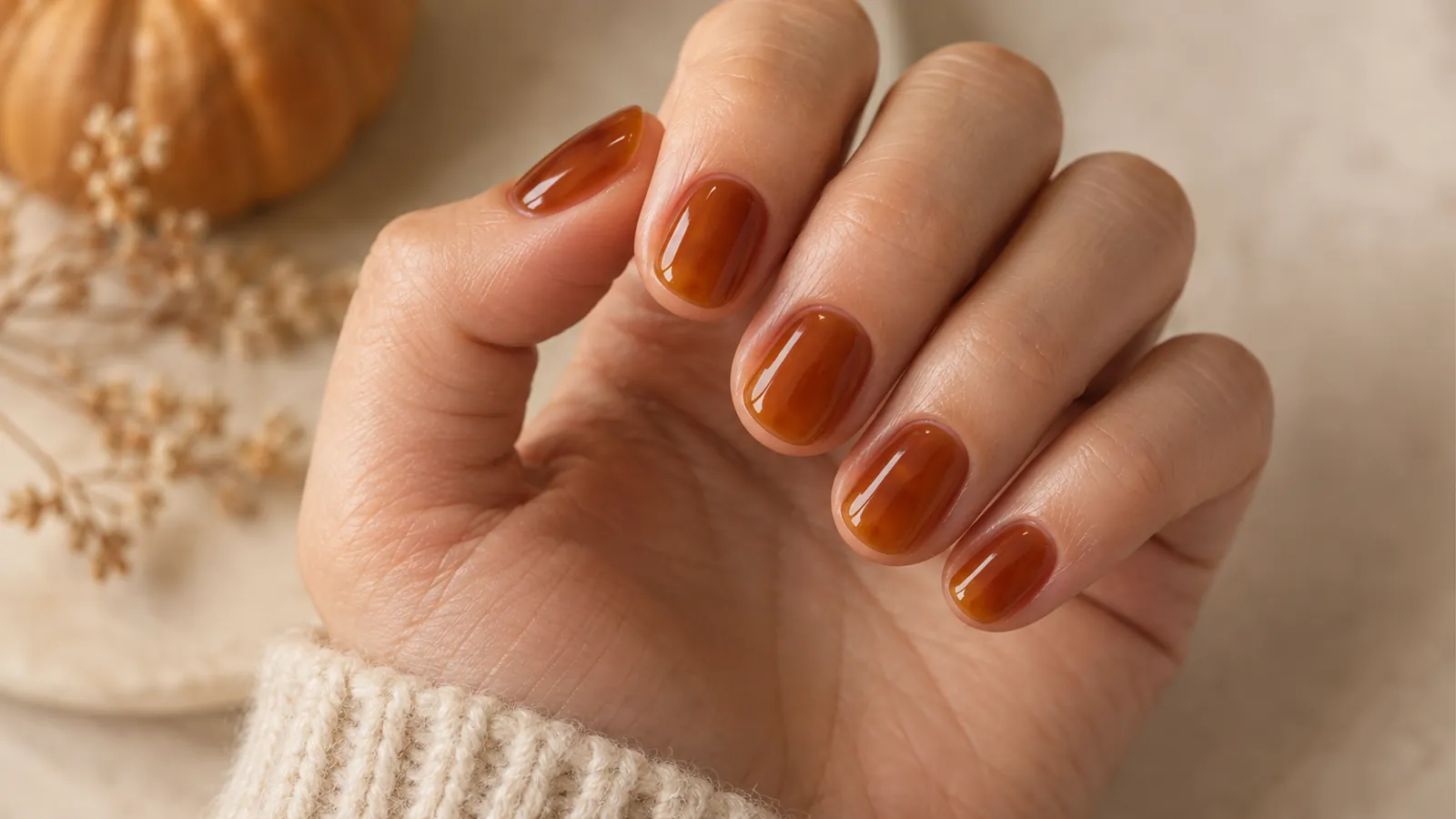 Short rounded nails painted translucent amber jelly polish