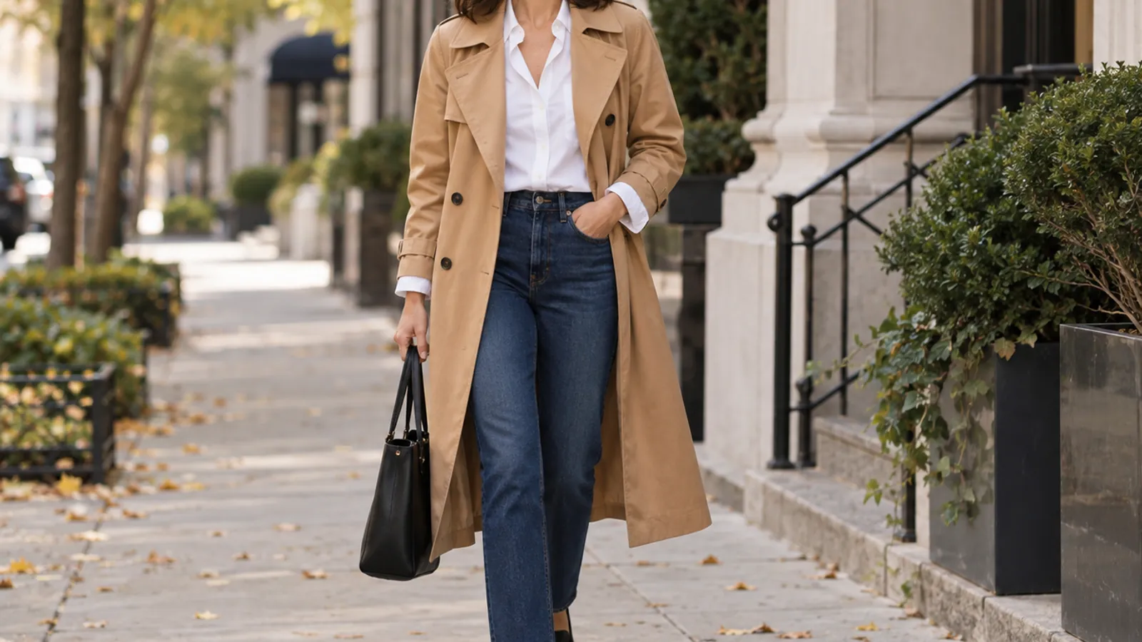 Camel trench coat with white shirt, straight jeans and loafers