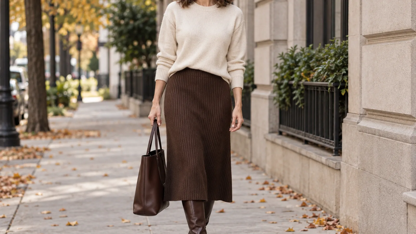 Cream sweater with chocolate knit midi skirt and tall boots