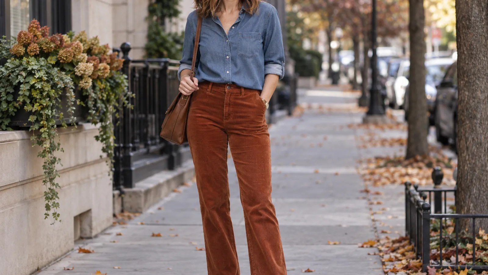 Denim shirt with rust corduroy trousers and brown boots
