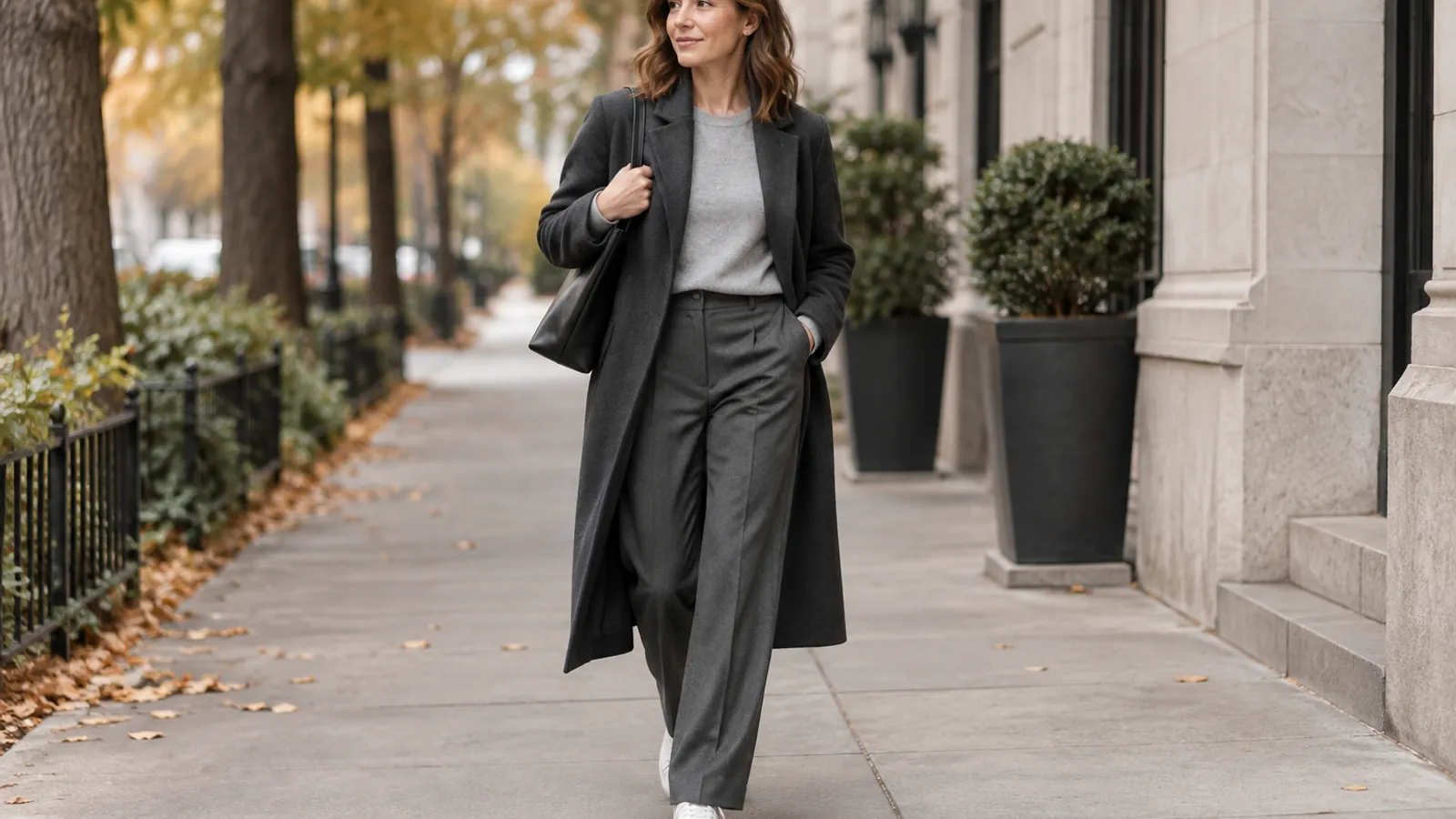Charcoal wool coat with gray sweatshirt, tailored trousers and sneakers