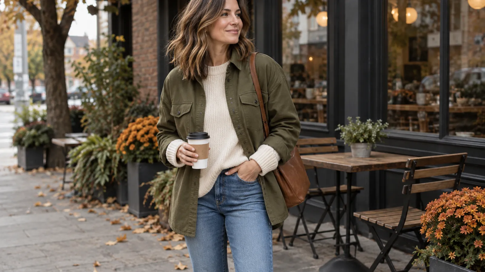 Woman wearing olive overshirt cream knit and blue jeans