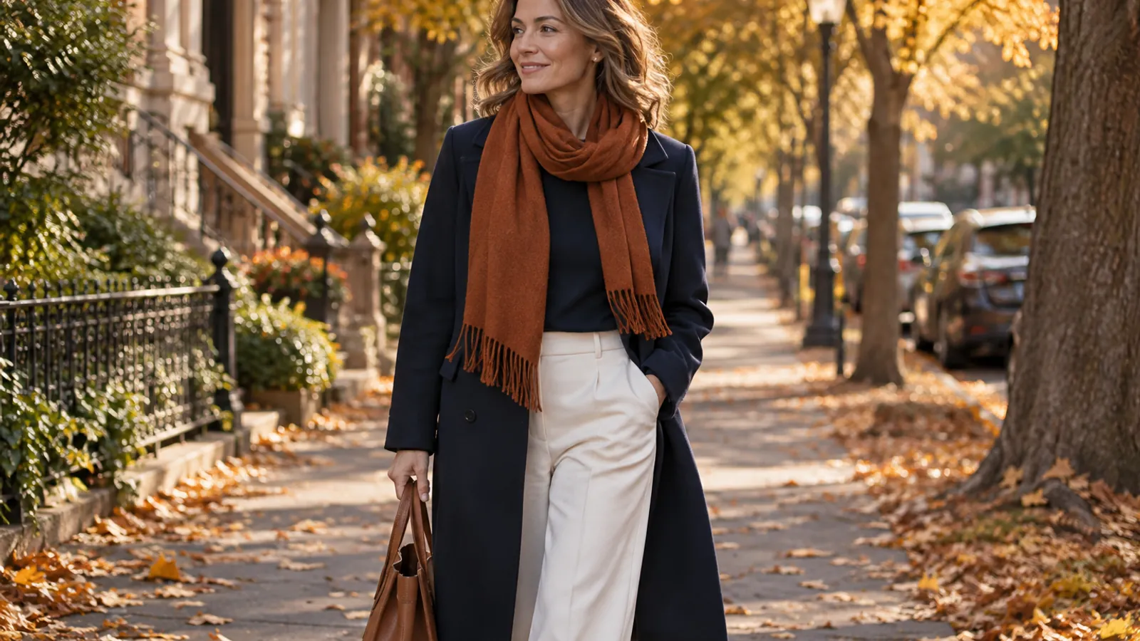 Woman wearing navy coat rust scarf and cream trousers